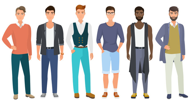 Stylish handsome men dressed in modern casual fashion male style clothes, vector illustration. Cartoon flat vector illustration.