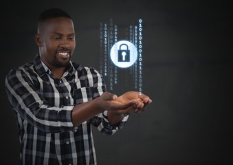 Businessman with hands palm open and security lock icons