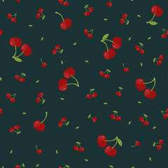 Seamless pattern with cherry on dark background.  Vector illustration