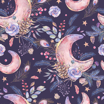 Watercolor Vintage Seamless Pattern With Moon