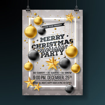 Merry Christmas Party Flyer Design with Holiday Typography Elements and Ornamental Balls, Cutout Paper Star, Pine Branch on Light Background. Premium Vector Celebration Poster Illustration.