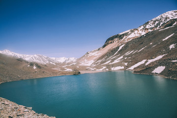 Naklejka na ściany i meble beautiful landscape with calm lake and majestic mountains in Indian Himalayas, Ladakh region