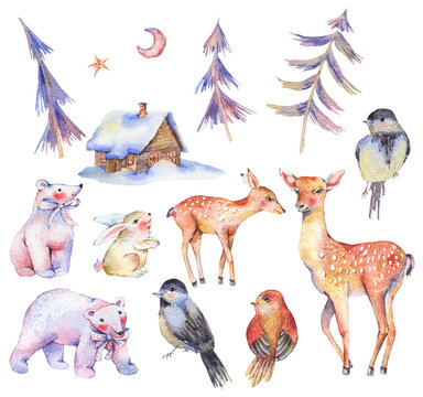 Fototapeta Set of watercolor cute polar bears, deer, fawn, hare