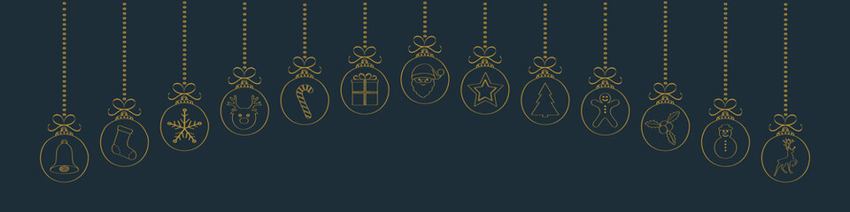 Hanging Christmas ornaments - panoramic banner. Vector.