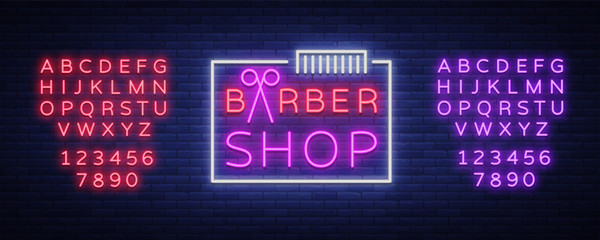 Barber shop logo neon sign, logo design elements. Can be used as a header or template for logos, labels, cards. Neon Signboard, Bright Lighting. Vector illustration. Editing text neon sign