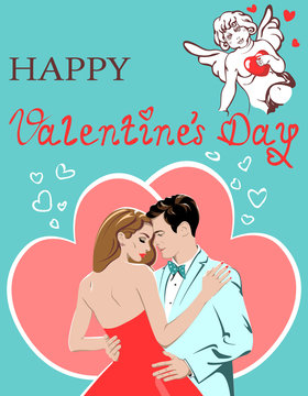 Valentines Day Card with Lovers and Cupid