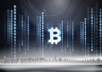 Bitcoin icon and binary code lines above city