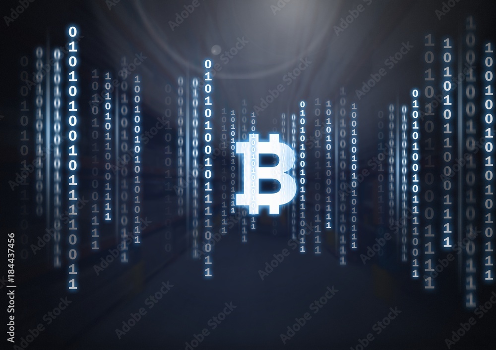 Poster bitcoin icon and binary code lines