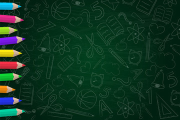 School background with coloured pencils and funny sketch. Vector. 