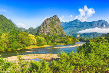 Fototapeta na wymiar Amazing landscape of river among mountains. Laos.