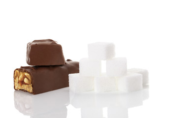 Chocolate bar and sugar cubes.