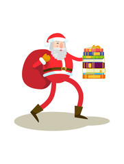 Santa Claus with bag and books on white background. Study, education, reading Christmas gift. Vector illustration.