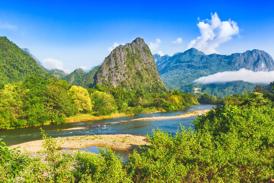 Amazing landscape of river among mountains. Laos.