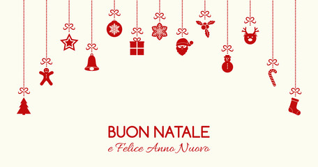 Fototapeta na wymiar Buon Natale - Merry Christmas in Italian. Christmas card with ornaments. Vector. 