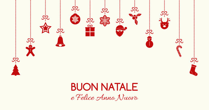 Buon Natale - Merry Christmas in Italian. Christmas card with ornaments. Vector.	