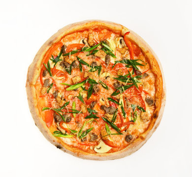 Spicy pizza with chili peppers. Takeaway food with crunchy edges.