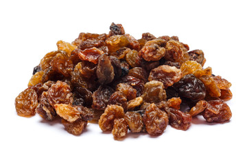 Heap of raisins on white background