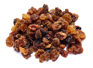 Heap of raisins on white background