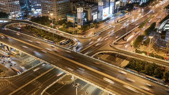Timelapse. City CBD Overpass Traffic at Night,Beijing,China.