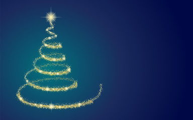 Beautiful golden Christmas tree on blue background with copyspace. Vector.