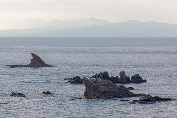 Beautiful view of Mediterranean sea, cliffs and Tuscany coast from cape Punta Ala, Italy