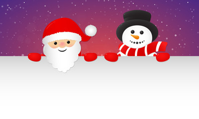 Banner with Santa Claus and Snowman holding a card with copyspace. Vector.