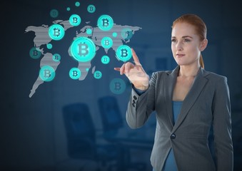 Businesswoman touching bitcoin graphic icons on world map