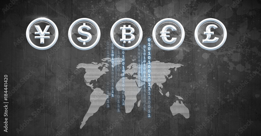 Poster international currency icons over world map with bitcoin code