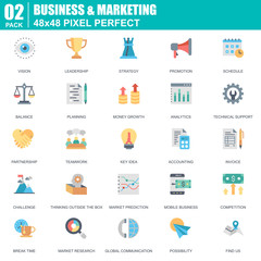 Flat business and marketing icons set for website and mobile site and apps. Contains such Icons as Leadership, Vision, Accounting. 48x48 Pixel Perfect. Editable Stroke. Vector illustration.