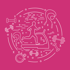 Vector illustration of the man jogging on a treadmill and different kinds of sports equipment arranged in a circle.