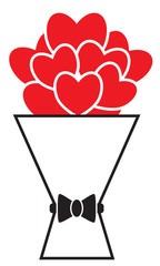 Bouquet of red hearts or heart shaped flowers with a bow. Concept for love, passion, valentine, Valentines day isolated on white background. Black outline.