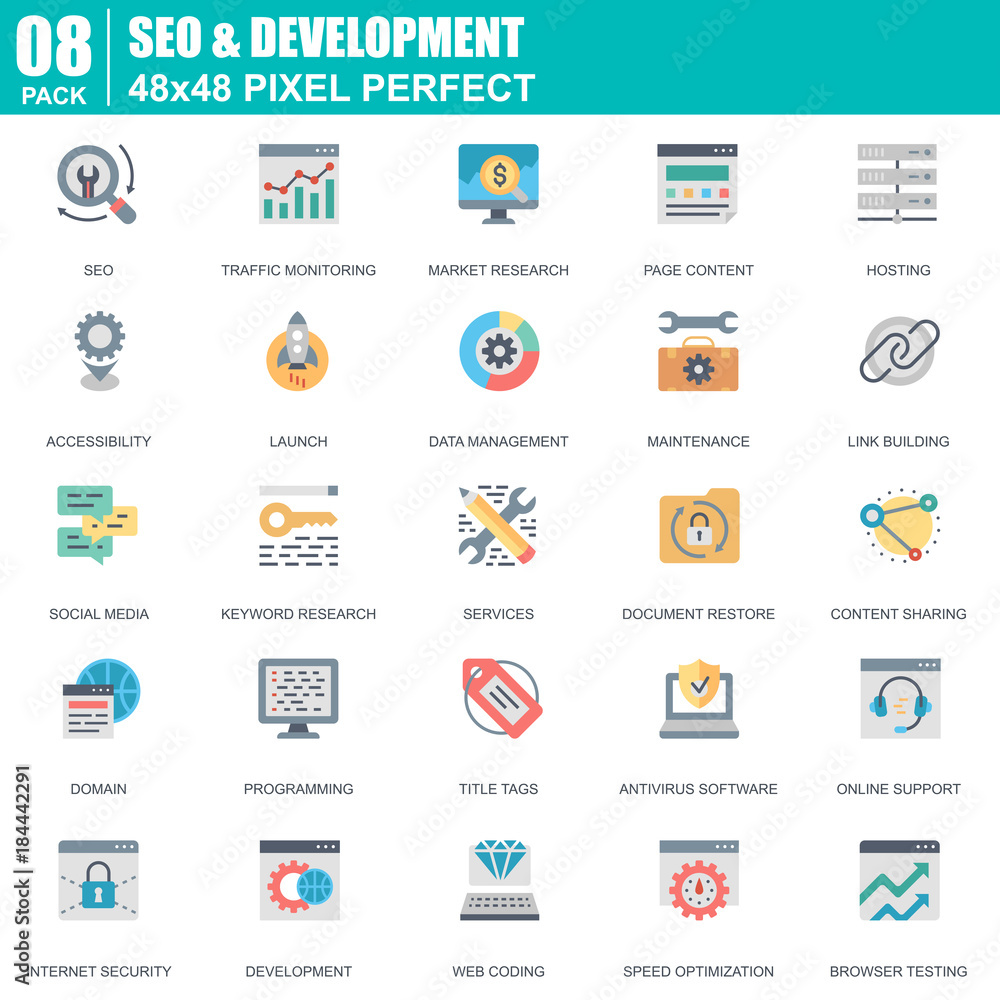 Poster flat seo and development icons set for website and mobile site and apps. contains such icons as host