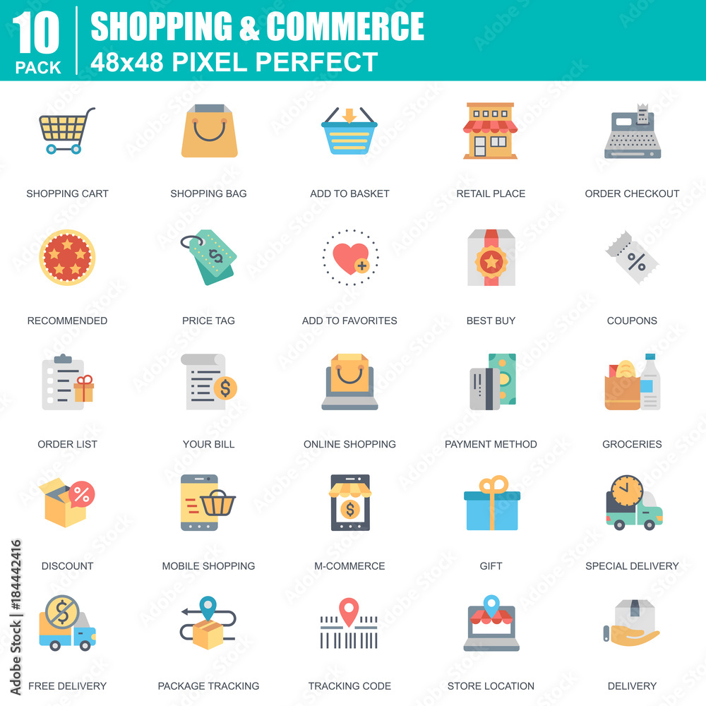 Aufkleber flat online shopping and e-commerce icons set for website and mobile site and apps. contains such ic