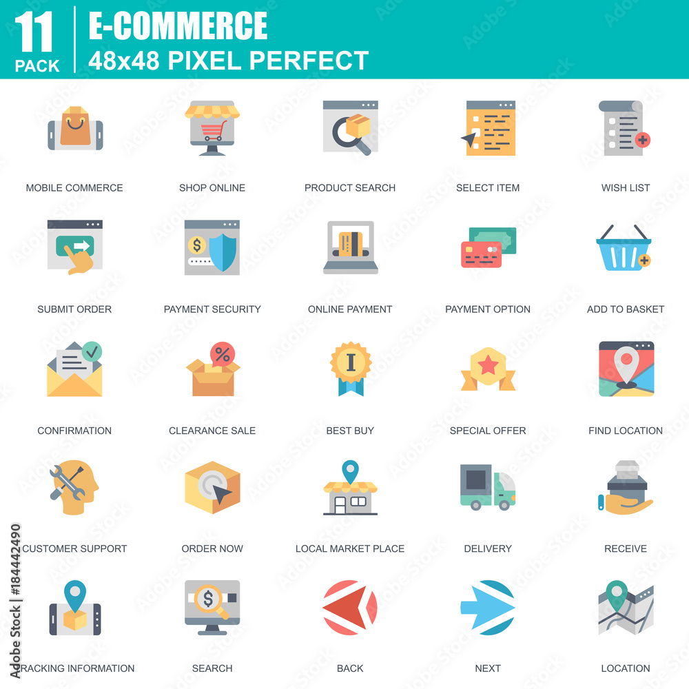 Poster Flat online shopping and e-commerce icons set for website and mobile site and apps. Contains such Icons as Online Payment, Support. 48x48 Pixel Perfect. Editable Stroke. Vector illustration.