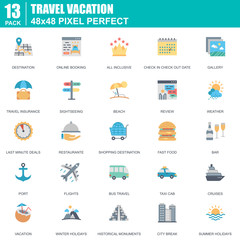 Flat travel and tourism, for travel agencies icons set for website and mobile site apps. Contains such Icons as Booking, Summer Holiday. 48x48 Pixel Perfect. Editable Stroke. Vector illustration.