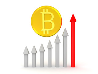 3D illustration depicting the rise of bitcoin