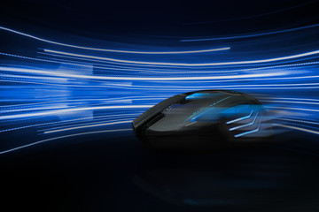 Plakat Professional wireless Game Mouse Moving on Light tail as background ; hight contrast