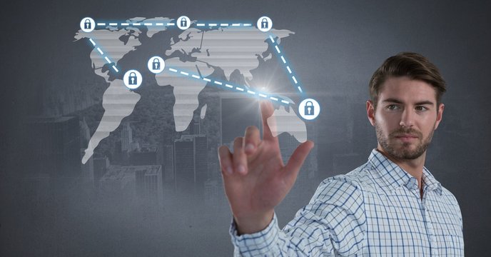 Businessman touching security lock icons connecting on map