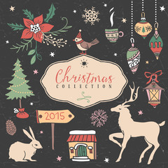 Christmas set of hand drawn festive illustrations. Design elements.