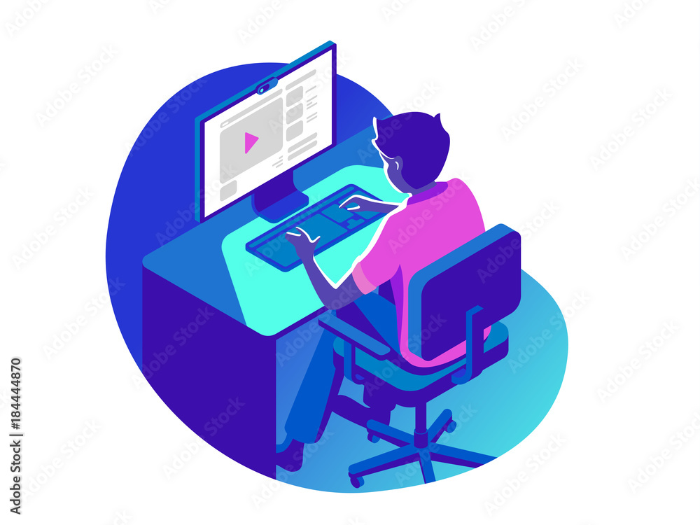 Poster a man working on the computer in the evening on the dark background. isometric 3d vector illustratio