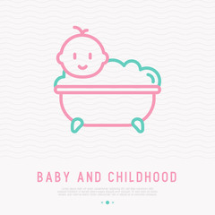 Funny baby in bathtub with bubbles thin line icon. Modern vector illustration.