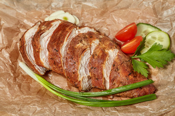 Smoked chicken breast meatloaf slices with vegetables