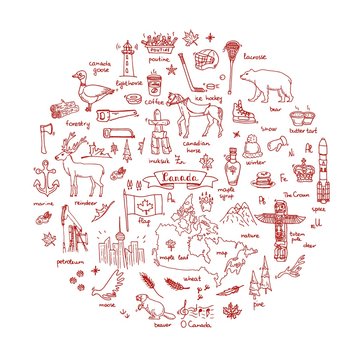 Hand drawn doodle Canada icons set Vector illustration isolated symbols collection of canadian symbols Cartoon elements: bear, map, flag, maple, beaver, deer, goose, totem pole, horse, hockey, poutine