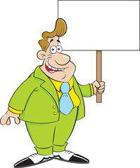 Cartoon illustration of a man in a suit holding a sign.