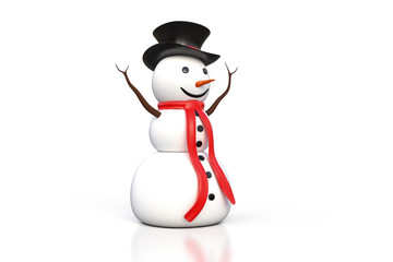 3d rendering of the snowman with black hat and red scarf isolated on white background with clipping path included.