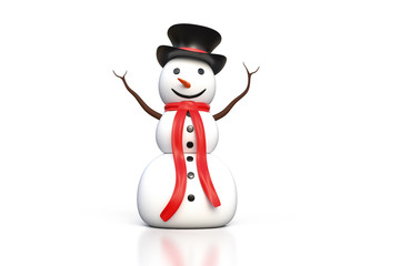 3d rendering of the snowman with black hat and red scarf isolated on white background with clipping path included.