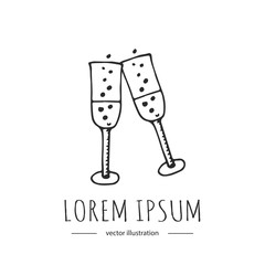 Hand drawn doodle glass with sparkling wine. Love and Feelings symbol. Vector illustration. Sketchy icon for Valentine's day, Mothers day, wedding, love or romantic event. Cheers!