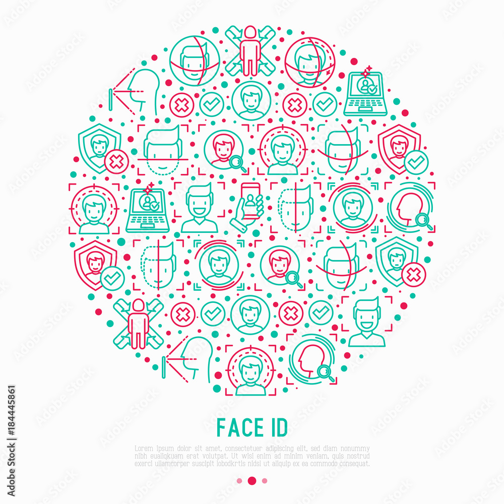 Poster face id concept in circle with thin line icons: face recognition, scanning, mobile authentication, a