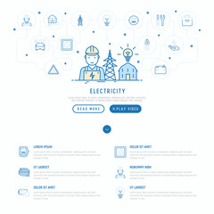 Electricity concept with thin line icons: electrician, bulb, pylon, toolbox, cable, electric car, hand, solar battery. Vector illustration, web page template.