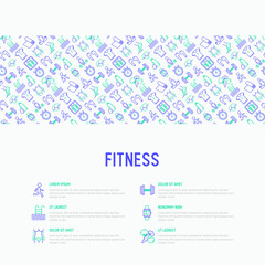 Fototapeta na wymiar Fitness concept with thin line icons of running, dumbbell, waist, healthy food, swimming pool, pulse, wireless earphones, sportswear, yoga. Modern vector illustration for web page.